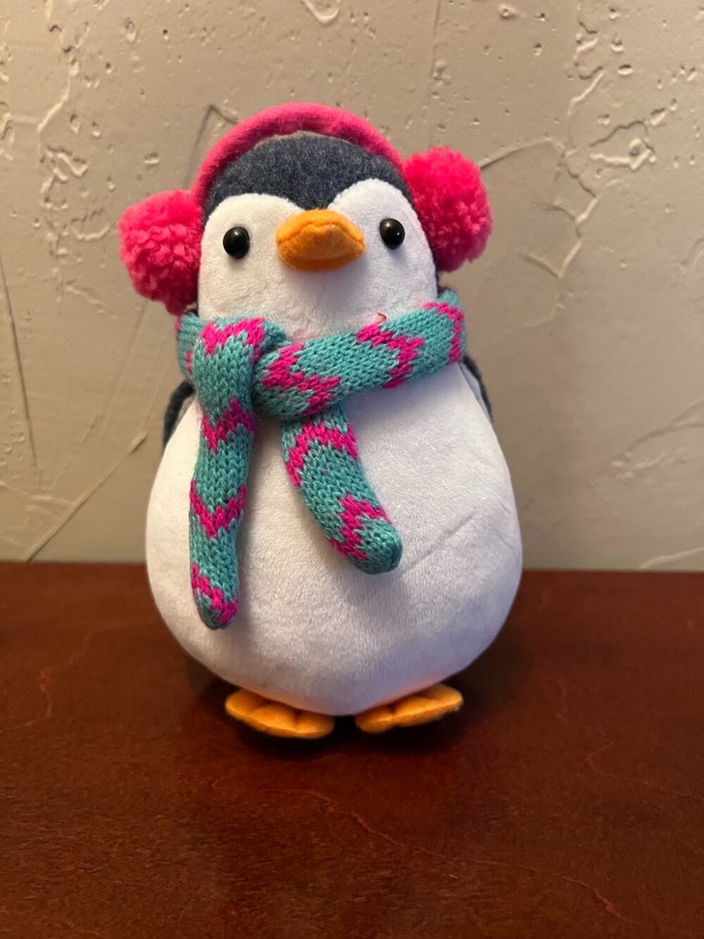 Winter Penguin Plush Figurine Pink Earmuffs Teal Scarf Christmas Holiday Decor